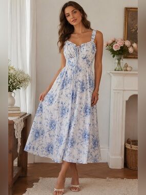 Scarlet Darkness Blue Toile Floral Midi Dress Milkmaid Bridgerton Regencycore M